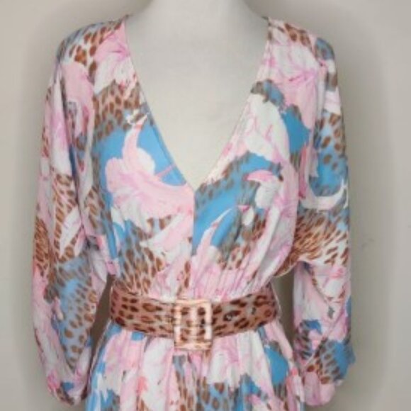 Venus Floral + Cheetah Print Belted Dress Size 22 Fit Flare Mini Pink - Picture 1 of 6